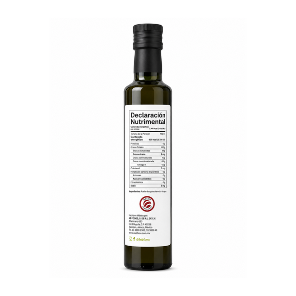 Aceite de Aguacate Hass Extra Virgen de 260 ml Reverso