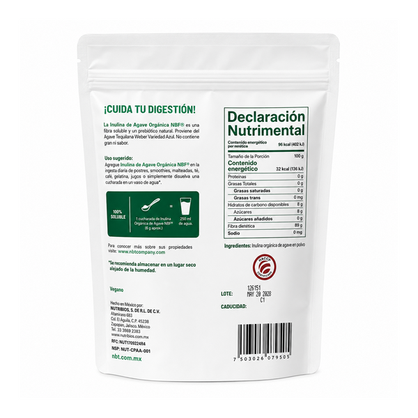Inulina de Agave Orgánica 300g Reverso