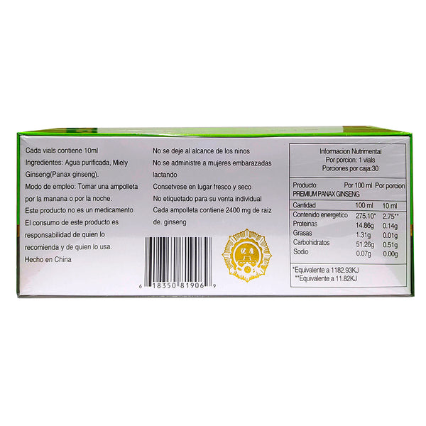 Premium Panax Ginseng 10ml - 30 botellas Reverso