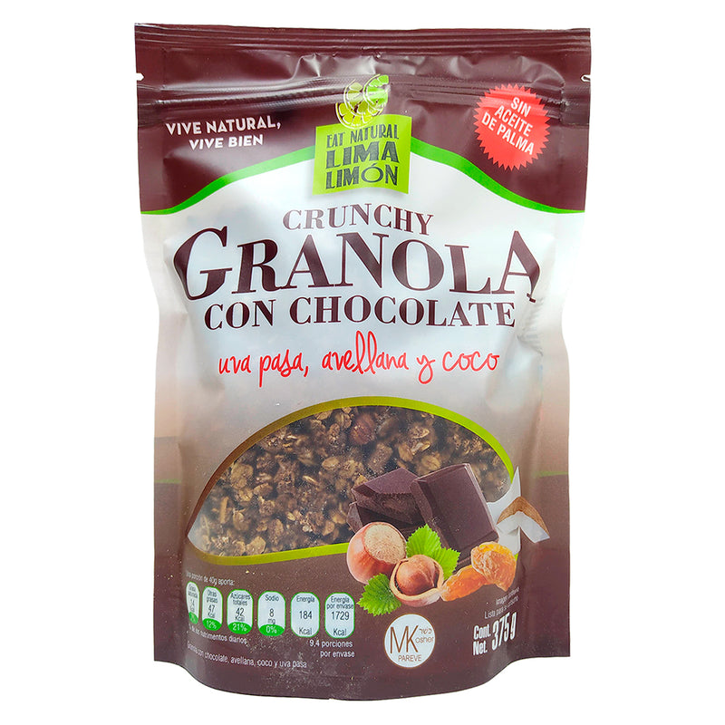 Granola Crunchy con chocolate, pasas, avellana y coco 375g - Lima Limón