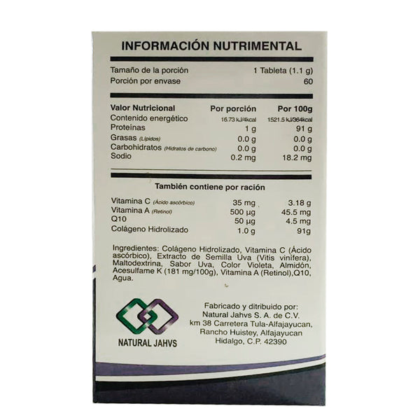 Colágeno en tabletas Collagen Uva 60 tabs Reverso